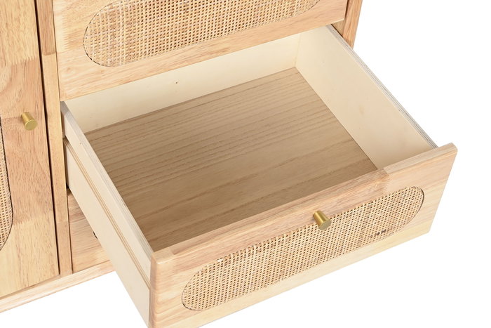 DKD Home Decor Buffet Scandi Rubberwood Ratan Metal Natural 35 x 78 x 73.5 cm con 4 Cajones y 1 Puerta