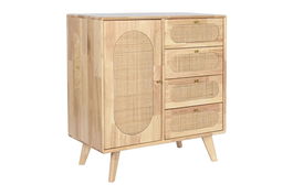 DKD Home Decor Buffet Scandi Rubberwood Ratan Metal Natural 35 x 78 x 73.5 cm con 4 Cajones y 1 Puerta