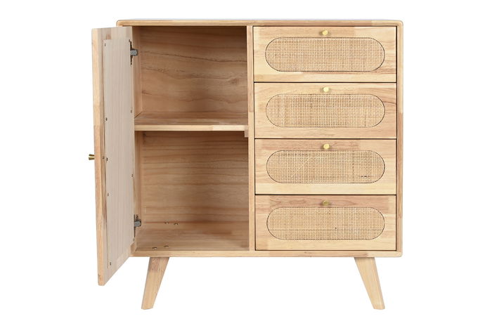 DKD Home Decor Buffet Scandi Rubberwood Ratan Metal Natural 35 x 78 x 73.5 cm con 4 Cajones y 1 Puerta
