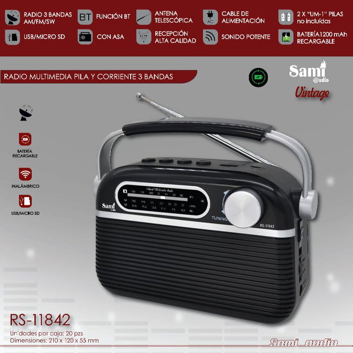 SAMI Radio AC/DC 3 Bandas Negro Vintage con Bluetooth, USB y Micrófono