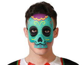 Atosa Máscara Calavera para Día de los Muertos, Verde con Detalles Amarillos y Lilas