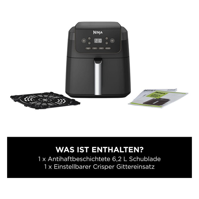 Ninja AF170EU Freidora de Aire Caliente 6.2L 2000W, 4 Programas, Negro, para Cocinar, Hornear, Asar y Deshidratar, Temporizador Digital, Tazon Extraible Antiadherente