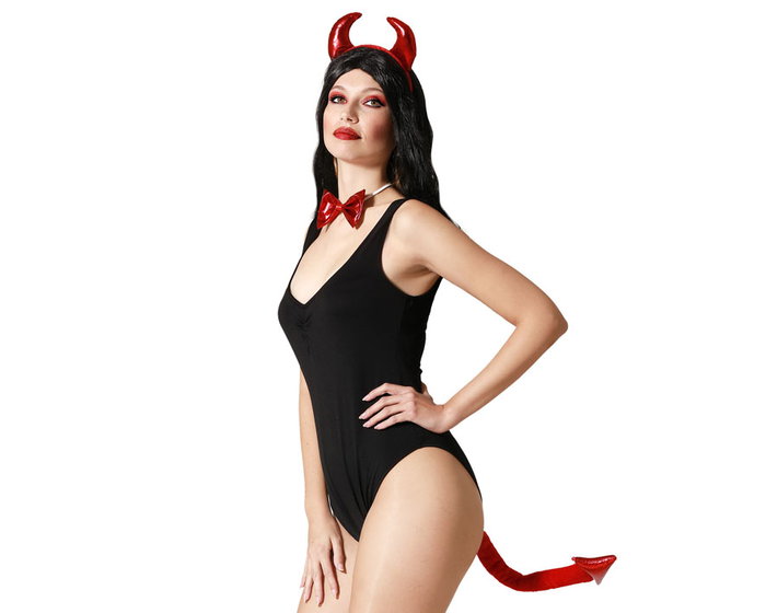 Disfraz de Diabla Negra con Diadema de Cuernos, Cola y Lazo Rojo - Conjunto Halloween Carnaval Disfraz de Diabla Negra con Diadema de Cuernos, Cola y Lazo Rojo - Conjunto Halloween Carnaval