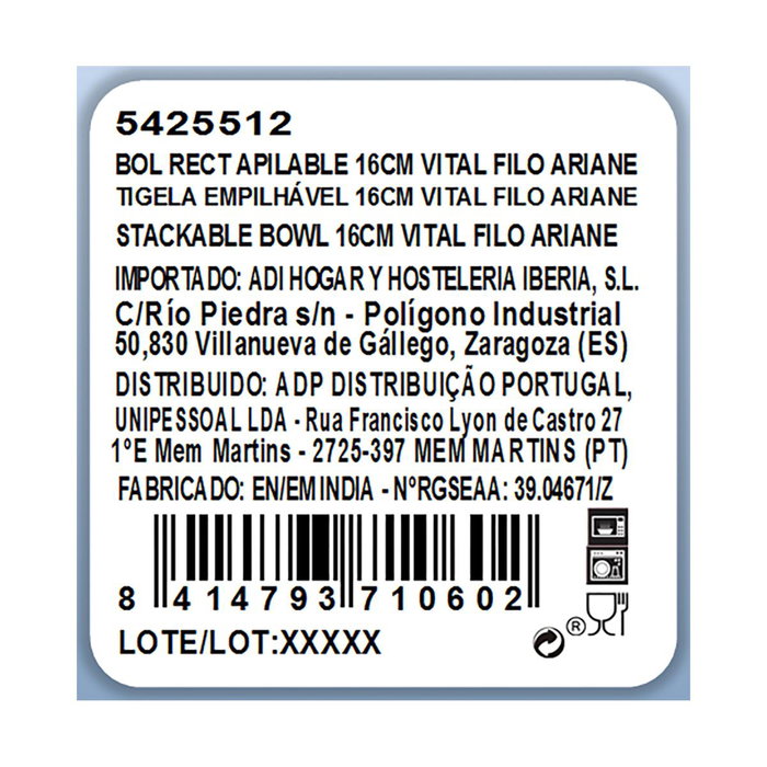 Bol Porcelana Reforzada Vital Filo Ariane 16 cm