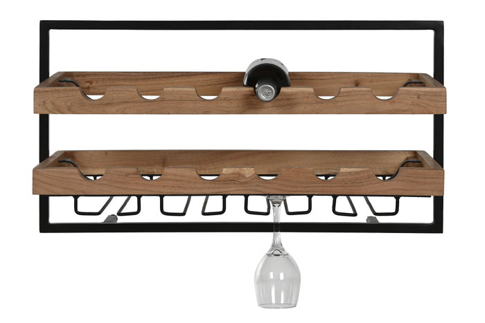 DKD Home Decor Botellero Natural Negro Acacia y Metal 25 x 35 x 65 cm