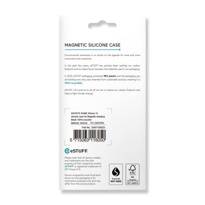 eSTUFF iPhone 15 Funda de silicona magnética INFINITE ROME - Negro - 81% material reciclado - Protección y carga inalámbrica