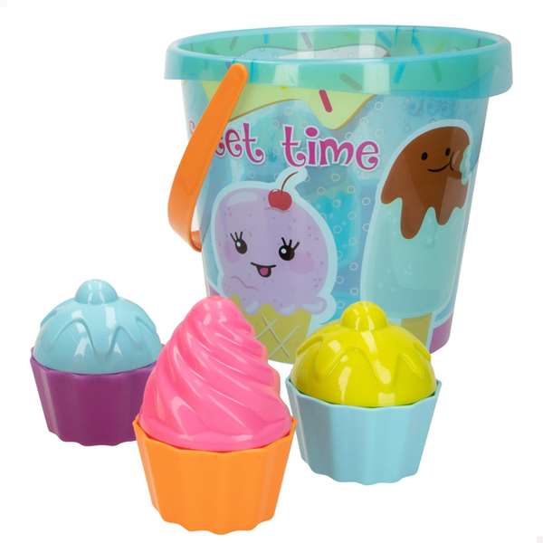 Cubo de playa 18 cm. contiene 19 piezas (pala, rastrillo y moldes)