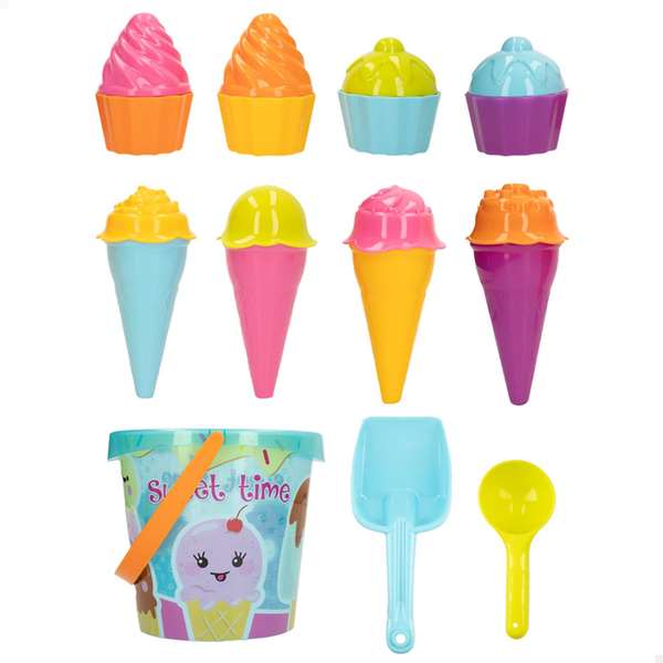 Cubo de playa 18 cm. contiene 19 piezas (pala, rastrillo y moldes)