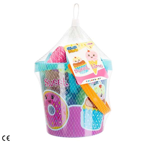 Cubo de playa 18 cm. contiene 19 piezas (pala, rastrillo y moldes)