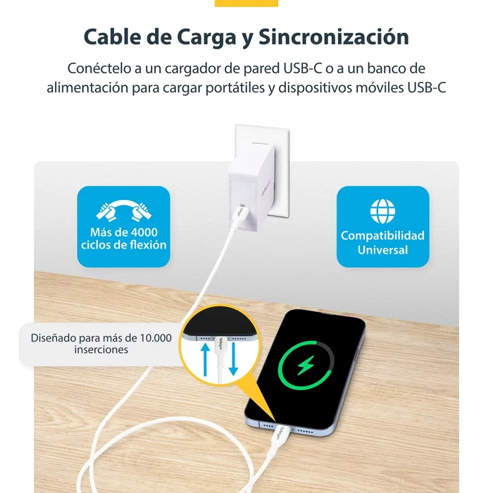 Startech Cable de Carga USB-C USB 2.0 USB2CC3MWHE - 3m Blanco - 60W PD 2.0 / 3A - Transferencia 480 Mbps - USB Tipo C Macho a Macho