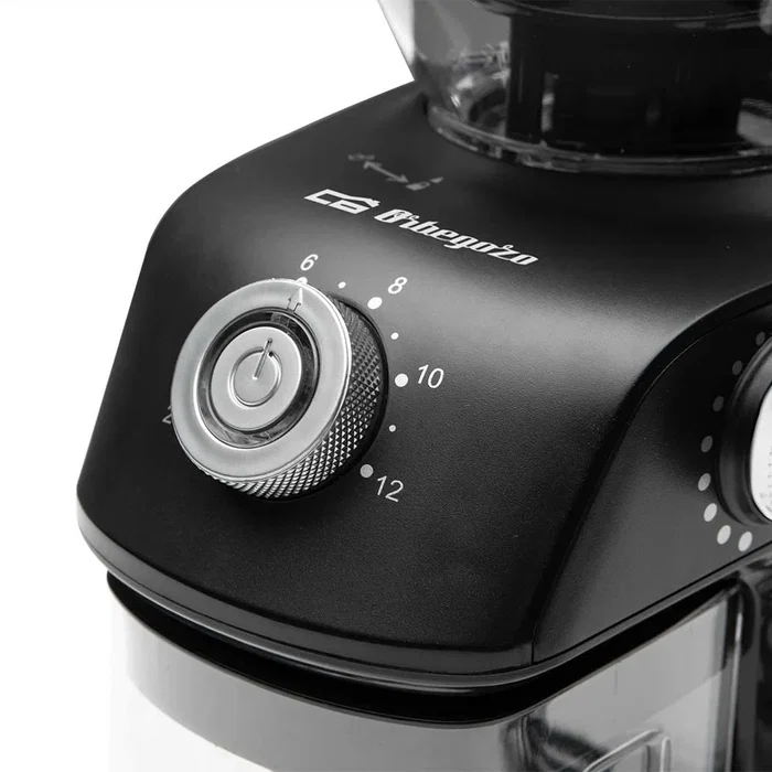 Orbegozo MO 5000 Molinillo de Café 150W por Muelas, Capacidad 240g de Granos, 12 Tazas, Selector de Molido Progresivo, Negro y Plata