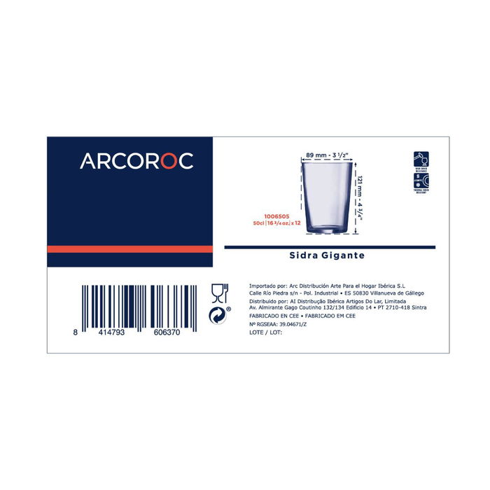 Caja 12 Vasos Altos Vidrio Sidra Arcoroc 50 cL