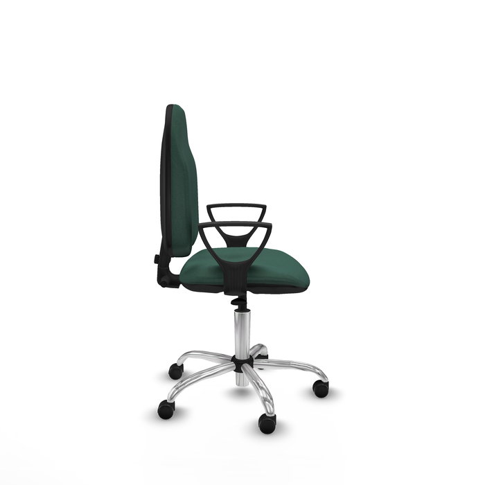 Silla de oficina Algarra con mecanismo Contacto permanente básico tapizada con Tela color Verde botella. Equipada con Base cromada, Brazos fijos y Ruedas autofrenantes