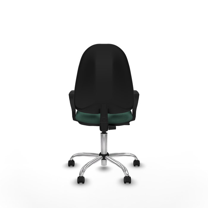 Silla de oficina Algarra con mecanismo Contacto permanente básico tapizada con Tela color Verde botella. Equipada con Base cromada, Brazos fijos y Ruedas autofrenantes