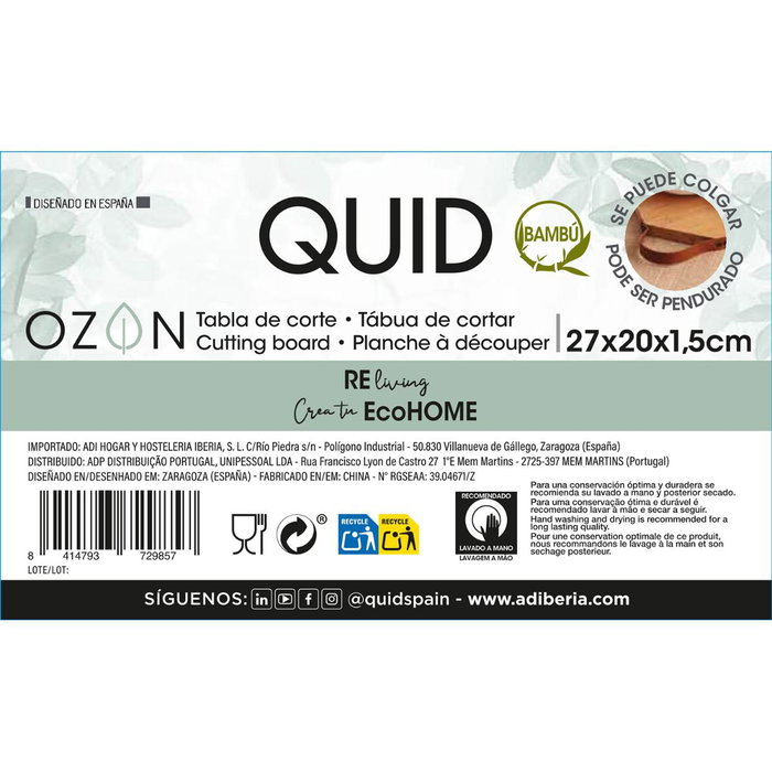 Tabla Bambú y Asa Simil Cuero Ozon Quid 27x20 cm