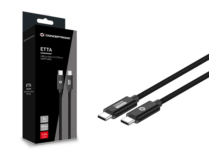 Conceptronic Cable USB-C a USB-C ETTA02B12, 1.2m, 100W, 20Gbps, Negro Conceptronic Cable USB-C a USB-C ETTA02B12, 1.2m, 100W, 20Gbps, Negro