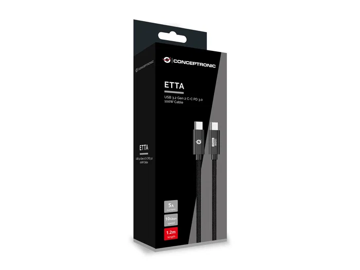 Conceptronic Cable USB-C a USB-C ETTA02B12, 1.2m, 100W, 20Gbps, Negro Conceptronic Cable USB-C a USB-C ETTA02B12, 1.2m, 100W, 20Gbps, Negro