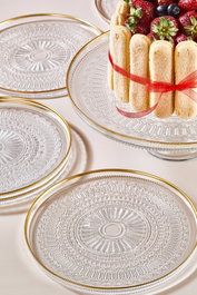 Hermia Juego de Platos para Postre de Vidrio Transparente con Borde Dorado - 6 Platos de 21 cm y Soporte para Pastel de 28 cm