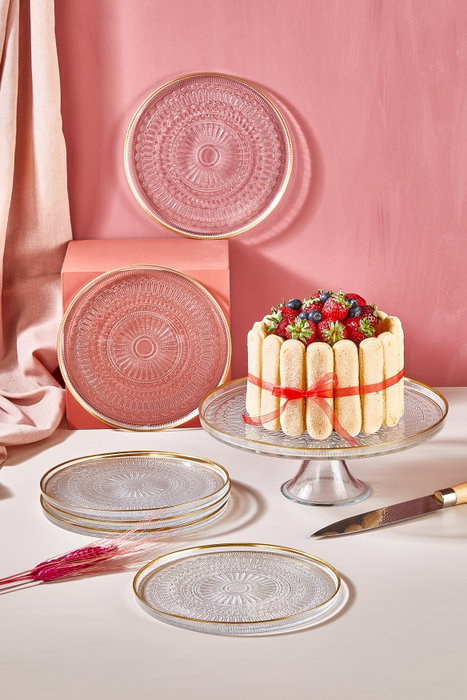 Hermia Juego de Platos para Postre de Vidrio Transparente con Borde Dorado - 6 Platos de 21 cm y Soporte para Pastel de 28 cm
