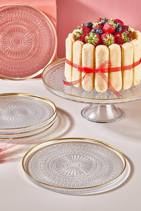 Hermia Juego de Platos para Postre de Vidrio Transparente con Borde Dorado - 6 Platos de 21 cm y Soporte para Pastel de 28 cm