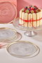 Hermia Juego de Platos para Postre de Vidrio Transparente con Borde Dorado - 6 Platos de 21 cm y Soporte para Pastel de 28 cm