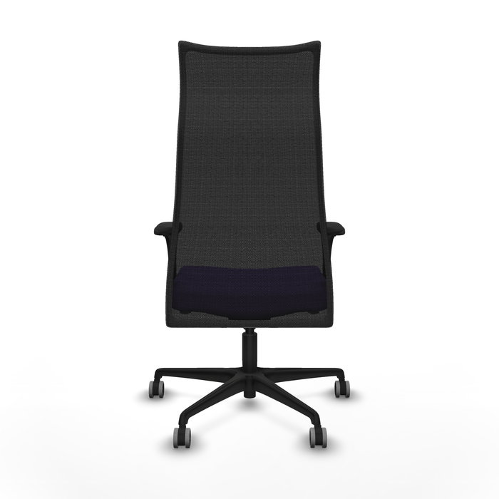 Sillón Albacete con mecanismo Sincro tapizada con Tela color Lila y malla color Negro. Equipado con Base nailon negra, Brazos 1D y Ruedas 65 mm parqué