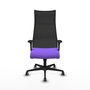 Sillón Albacete con mecanismo Sincro tapizada con Tela color Lila y malla color Negro. Equipado con Base nailon negra, Brazos 1D y Ruedas 65 mm parqué