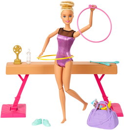 Barbie GJM72 - Conjunto De Juego De Barbie Gimnasta, Muñeca y Más de 15 Piezas con Barra de Equilibrios, Aros, Snacks y Accesorios, a Partir de 3 Años