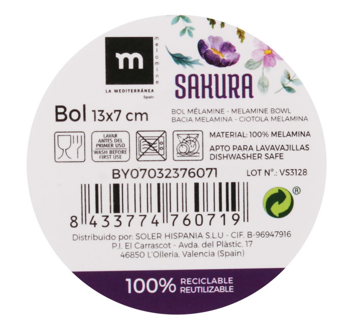 La Mediterranea Bol Melamina Sakura 13 x 7 cm Brillo (24 Unidades)
