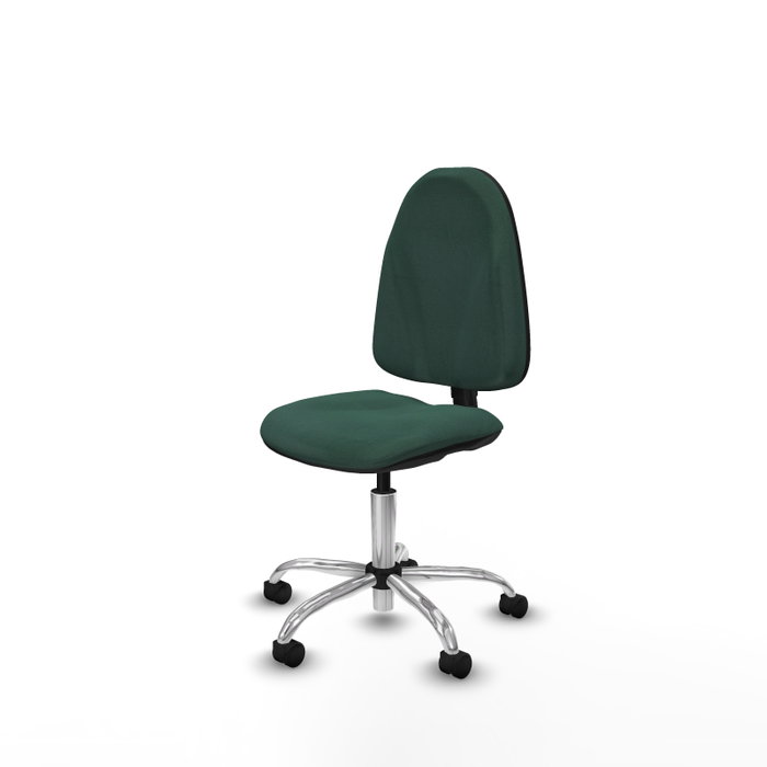 Silla de oficina Algarra con mecanismo Contacto permanente básico tapizada con Tela color Verde botella. Equipada con Base cromada, Sin brazos y Ruedas de nailon 50 mm