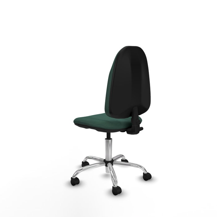Silla de oficina Algarra con mecanismo Contacto permanente básico tapizada con Tela color Verde botella. Equipada con Base cromada, Sin brazos y Ruedas de nailon 50 mm