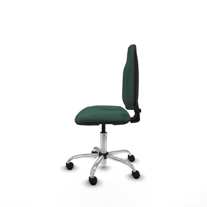 Silla de oficina Algarra con mecanismo Contacto permanente básico tapizada con Tela color Verde botella. Equipada con Base cromada, Sin brazos y Ruedas de nailon 50 mm