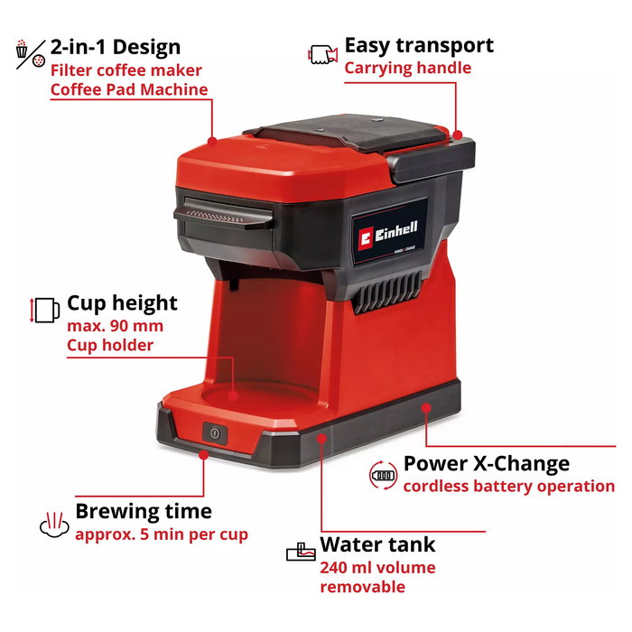 Einhell TE-CF 18 Li-Solo - Cafetera de Filtro Semi-Automática, 0,24 L, para Dosis de Café, Color Negro y Rojo