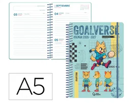 Liderpapel Agenda Escolar 2026-2027 Fantasy B, A5 Día Página, Espiral, Tapa Dura, Interior Bilingüe, 80g FSC, Azul con Portada de Zorro