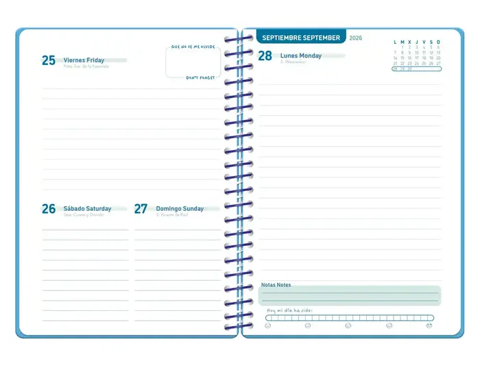 Liderpapel Agenda Escolar 2026-2027 Básica Espiral A5 Día por Página Bilingüe, Papel FSC 70g, Azul Turquesa