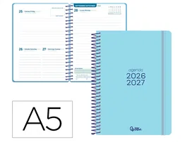 Liderpapel Agenda Escolar 2026-2027 Básica Espiral A5 Día por Página Bilingüe, Papel FSC 70g, Azul Turquesa