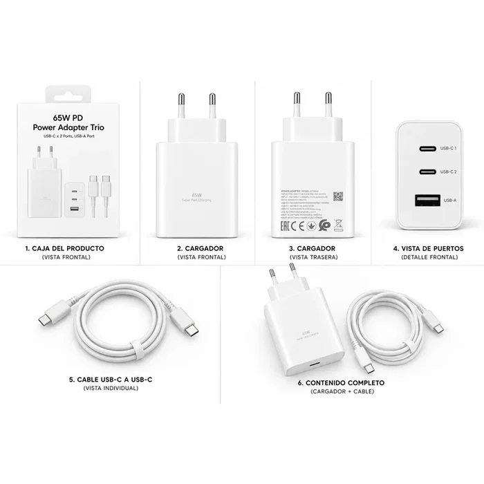 Generico Cargador Rápido 65W PD con 3 Puertos y Cable USB-C Blanco