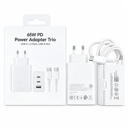Generico Cargador Rápido 65W PD con 3 Puertos y Cable USB-C Blanco