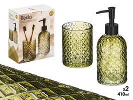 Berilo Set de 2 Dosificadores para Baño, Vaso de 410 ml, Verde Diamante, Vidrio y Plástico, 16x20x8 cm (Set de 12)