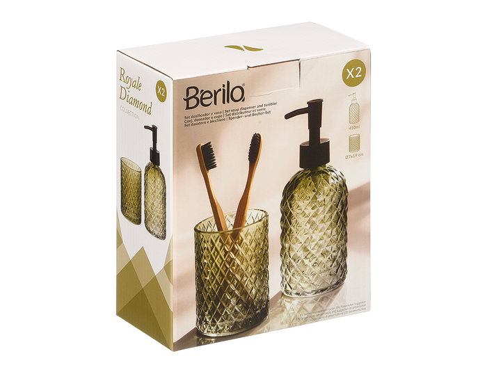 Berilo Set de 2 Dosificadores para Baño, Vaso de 410 ml, Verde Diamante, Vidrio y Plástico, 16x20x8 cm (Set de 12)