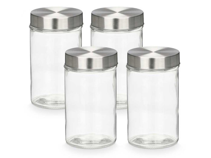 Vivalto Set 4 Tarros Redondos Tapa Acero 1L Vidrio Transparente 41x18.5x10.5 cm (Set de 8) Vivalto Set 4 Tarros Redondos Tapa Acero 1L Vidrio Transparente 41x18.5x10.5 cm (Set de 8)
