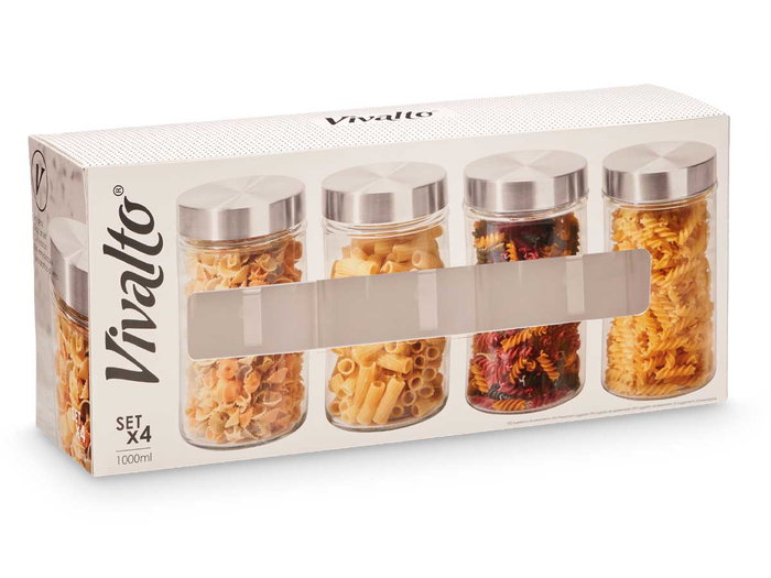 Vivalto Set 4 Tarros Redondos Tapa Acero 1L Vidrio Transparente 41x18.5x10.5 cm (Set de 8) Vivalto Set 4 Tarros Redondos Tapa Acero 1L Vidrio Transparente 41x18.5x10.5 cm (Set de 8)