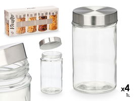 Vivalto Set 4 Tarros Redondos Tapa Acero 1L Vidrio Transparente 41x18.5x10.5 cm (Set de 8)