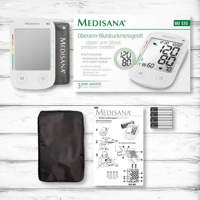 MEDISANA Tensiómetro de Brazo Digital con Voz y Pantalla Grande, Medición de Presión Arterial, Manguito Ajustable, para Adultos, Incluye Pilas y Estuche de Almacenamiento