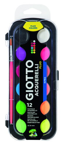 GIOTTO Estuche de 12 Acuarelas Fluor Ø 30 mm con Pincel Sintético nº3