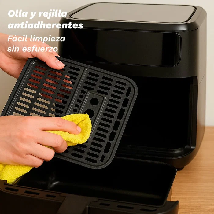 Grunkel Maxisteelfryer Freidora de Aire sin Aceite 9L, 2200W, Tecnología Fry Force 360°, 10 Programas, Digital, Negro y Acero Inoxidable