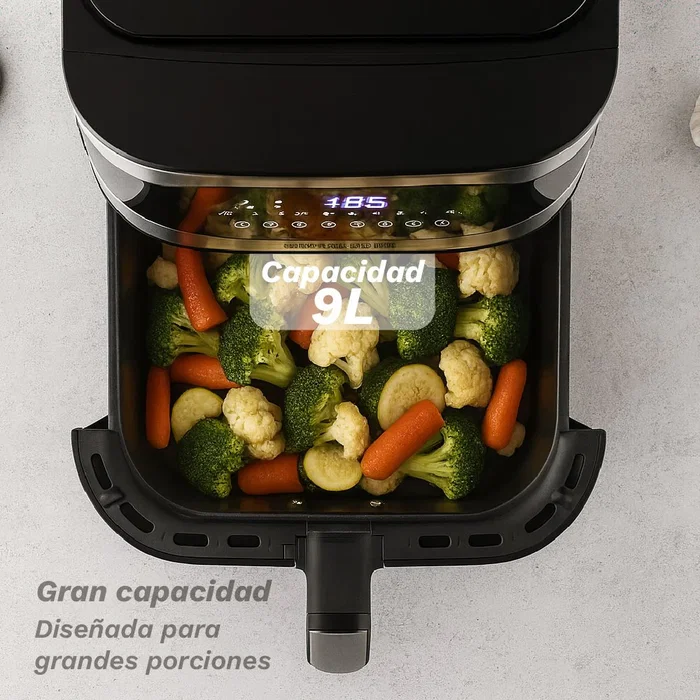 Grunkel Maxisteelfryer Freidora de Aire sin Aceite 9L, 2200W, Tecnología Fry Force 360°, 10 Programas, Digital, Negro y Acero Inoxidable