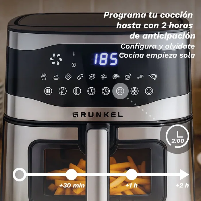 Grunkel Maxisteelfryer Freidora de Aire sin Aceite 9L, 2200W, Tecnología Fry Force 360°, 10 Programas, Digital, Negro y Acero Inoxidable