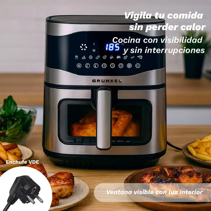 Grunkel Maxisteelfryer Freidora de Aire sin Aceite 9L, 2200W, Tecnología Fry Force 360°, 10 Programas, Digital, Negro y Acero Inoxidable