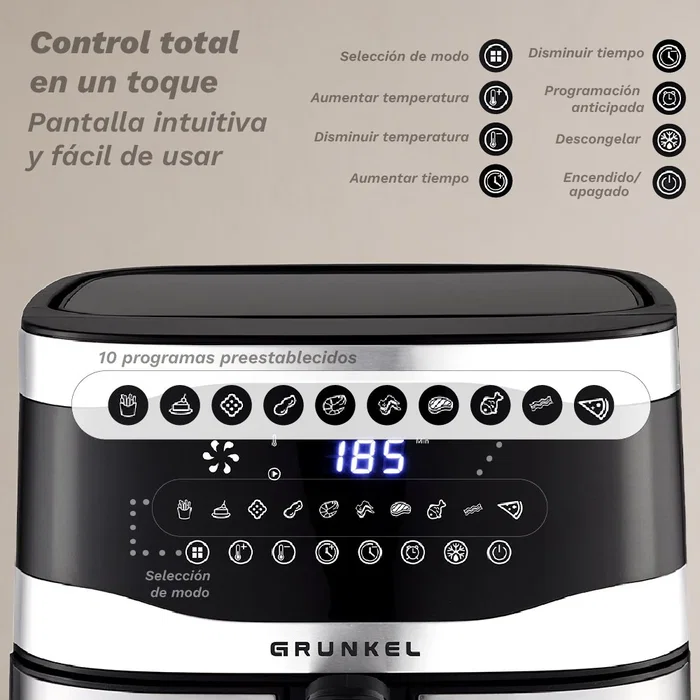 Grunkel Maxisteelfryer Freidora de Aire sin Aceite 9L, 2200W, Tecnología Fry Force 360°, 10 Programas, Digital, Negro y Acero Inoxidable